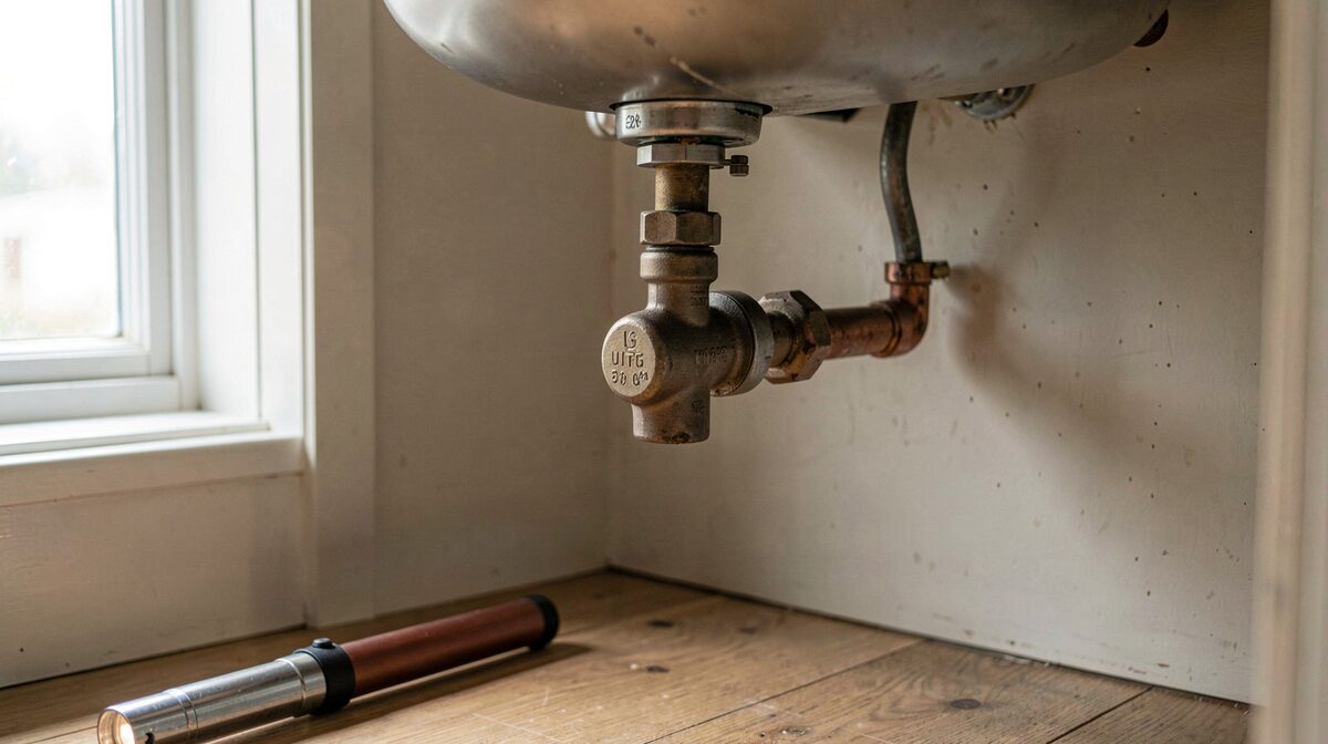 A closed UK stop tap under a kitchen sink, natural window light from the left, close framing on the tap and pipe with a torch resting nearby