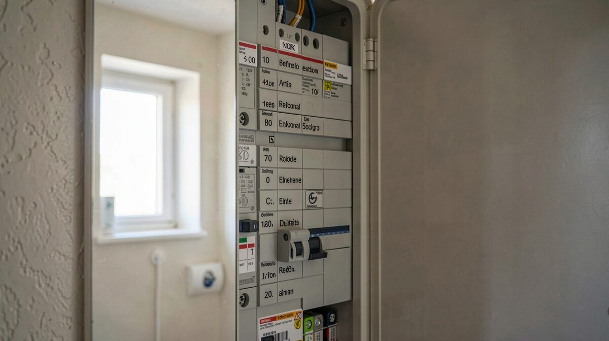 A distribution board with neatly labelled circuit breakers inside a Belgian home, daylight from a utility room window, close-up framing on the rows of devices and labels.
