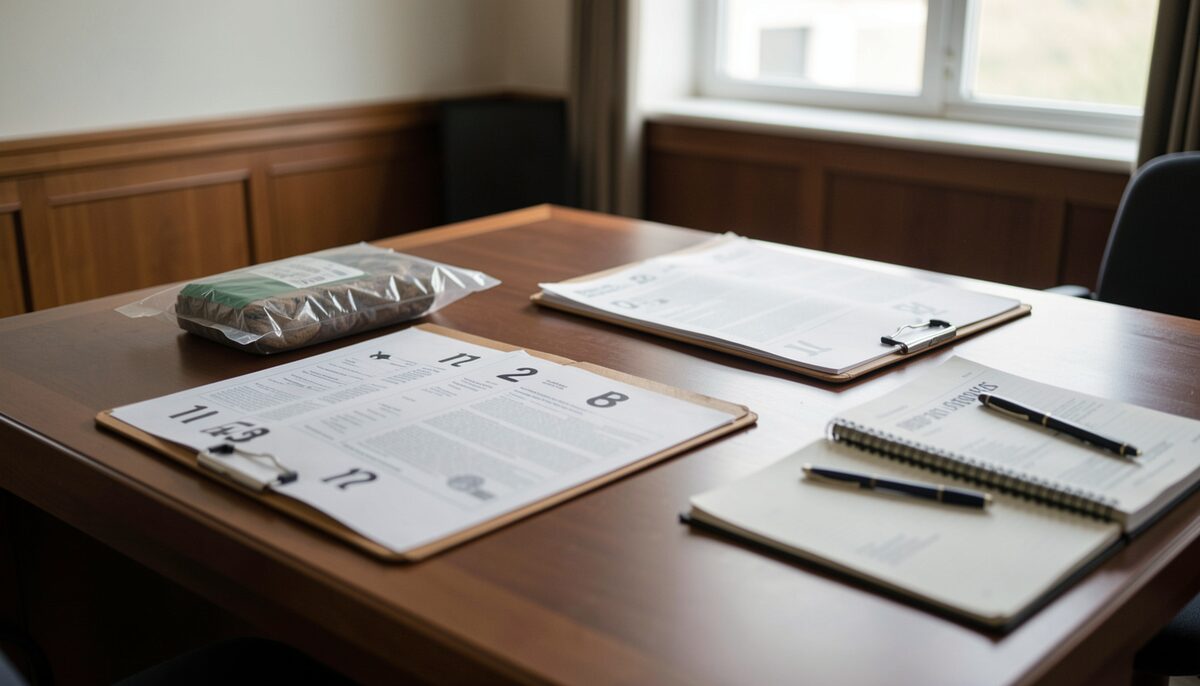 A courtroom table with numbered exhibit folders, an evidence bag, and a reporter's notebook open nearby. Illustrative image, generated with AI.
