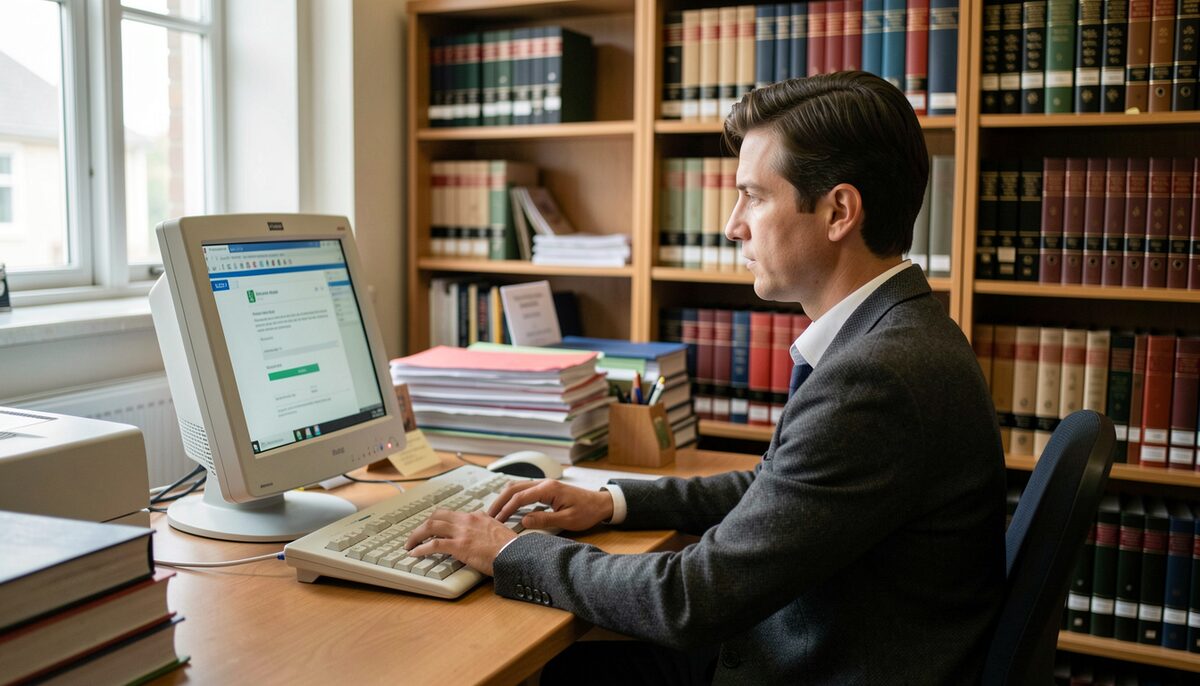 A person seated at a library computer terminal in a government records room, with bound volumes visible on shelves. Illustrative image, generated with AI.