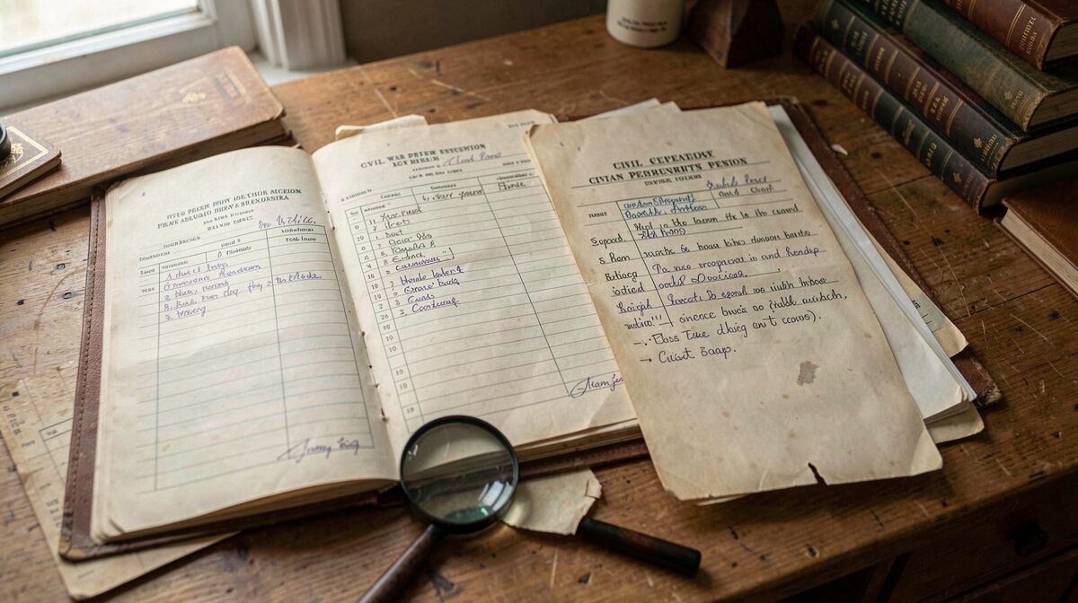 A wooden research desk with open Civil War pension file folders, a magnifying glass, and a handwritten citation log, lit by soft window light, shot from above