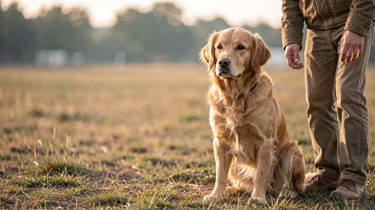 A golden retriever sitting steady beside a handler at a field trial line, holding a bird softly, shot in low morning light with a shallow depth of field across the field.