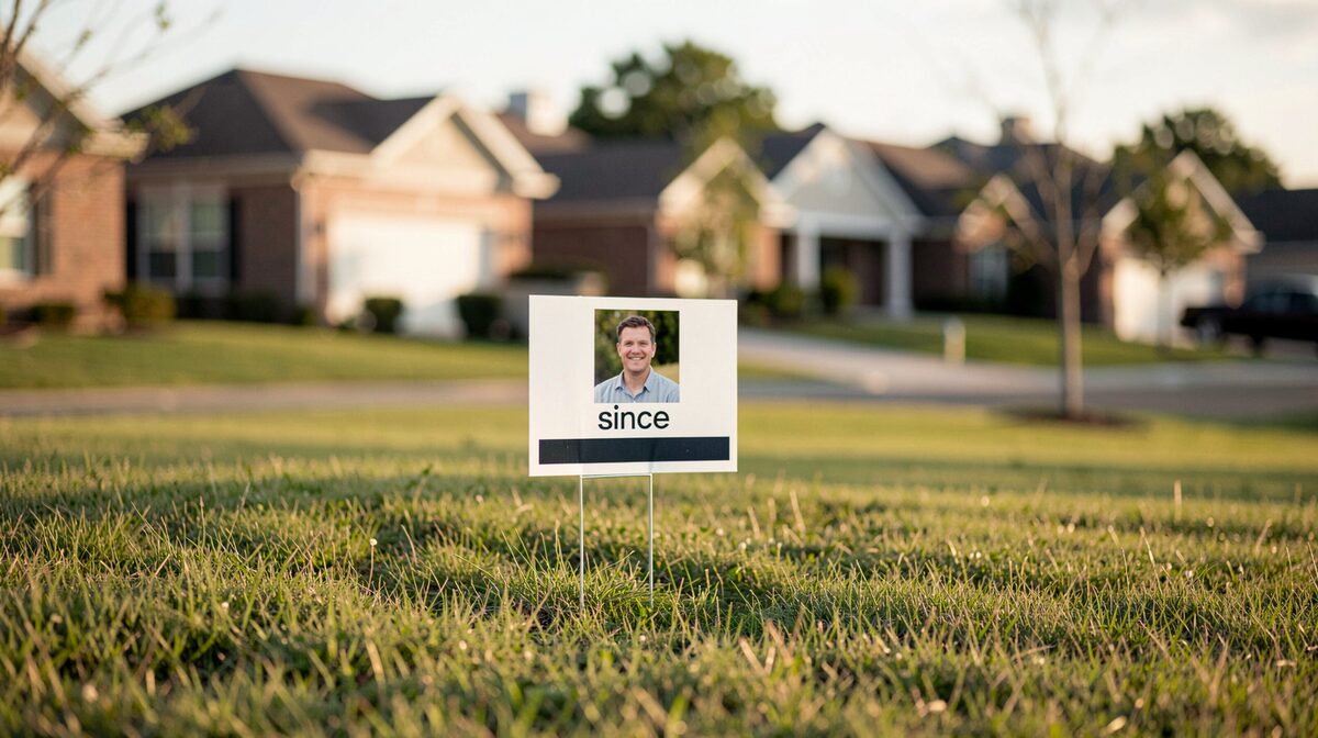 A suburban front lawn in late afternoon light, a single real estate yard sign with a portrait and a 'since' line, framed straight-on at lawn level.