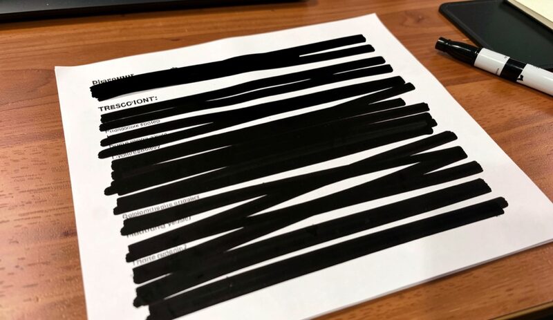 A paper transcript on a desk covered edge to edge by thick black marker redaction bars, the marker resting on top