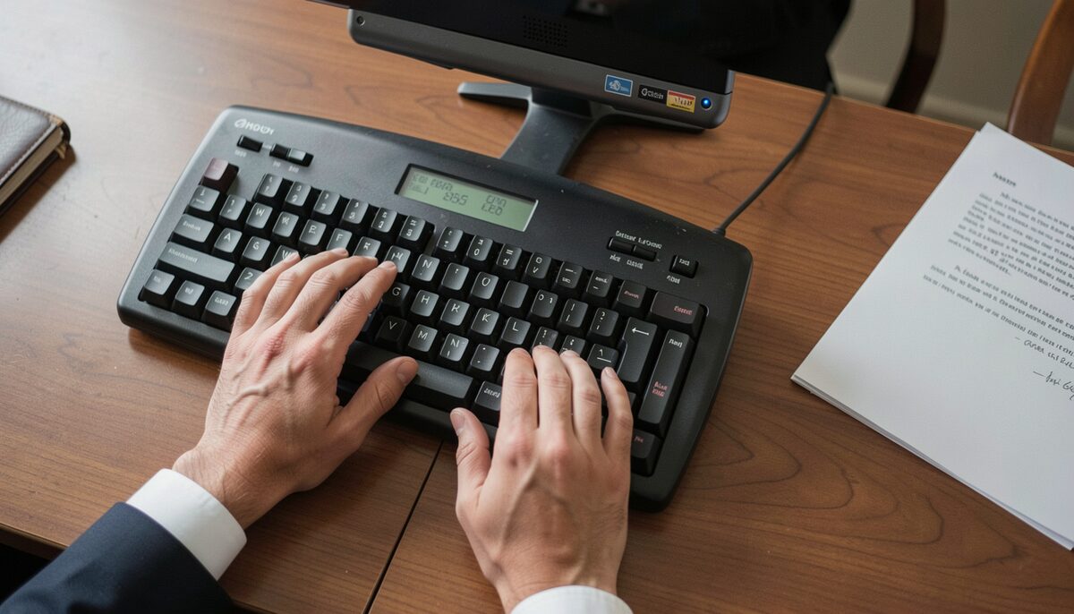 Overhead view of hands on a stenotype keyboard during a court session. Illustrative image, generated with AI.