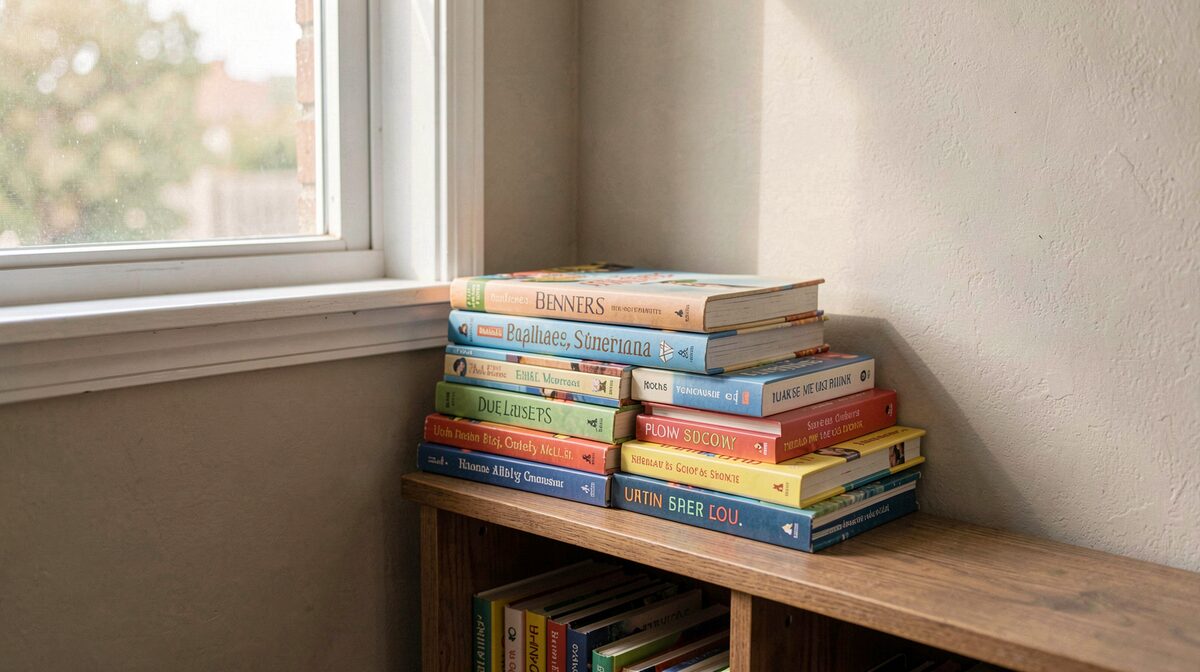 A quiet home reading corner with children's audiobooks stacked on a low shelf, afternoon light through a window, close framing.