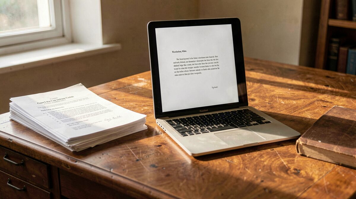 A stenographer's desk in warm afternoon light with a paper transcript beside an open laptop showing a plain editorial webpage, framed as a straight-on still life.