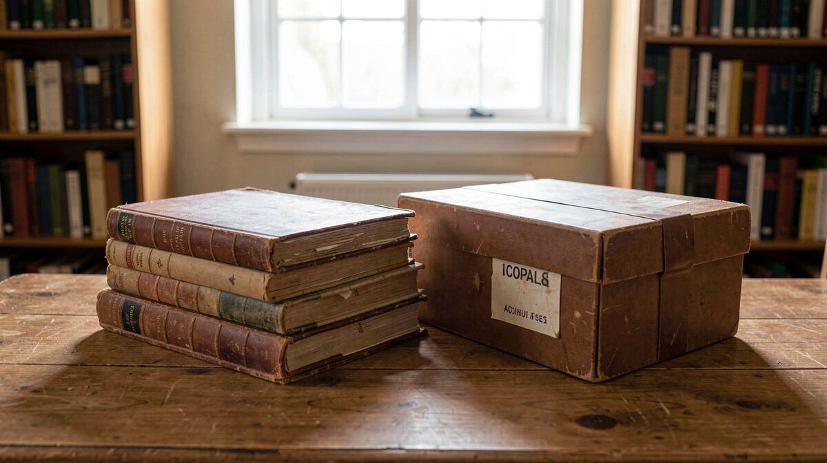 A stack of well worn local history journals beside an archive box on a wooden library table, lit by a north facing window, photographed straight on at table height.