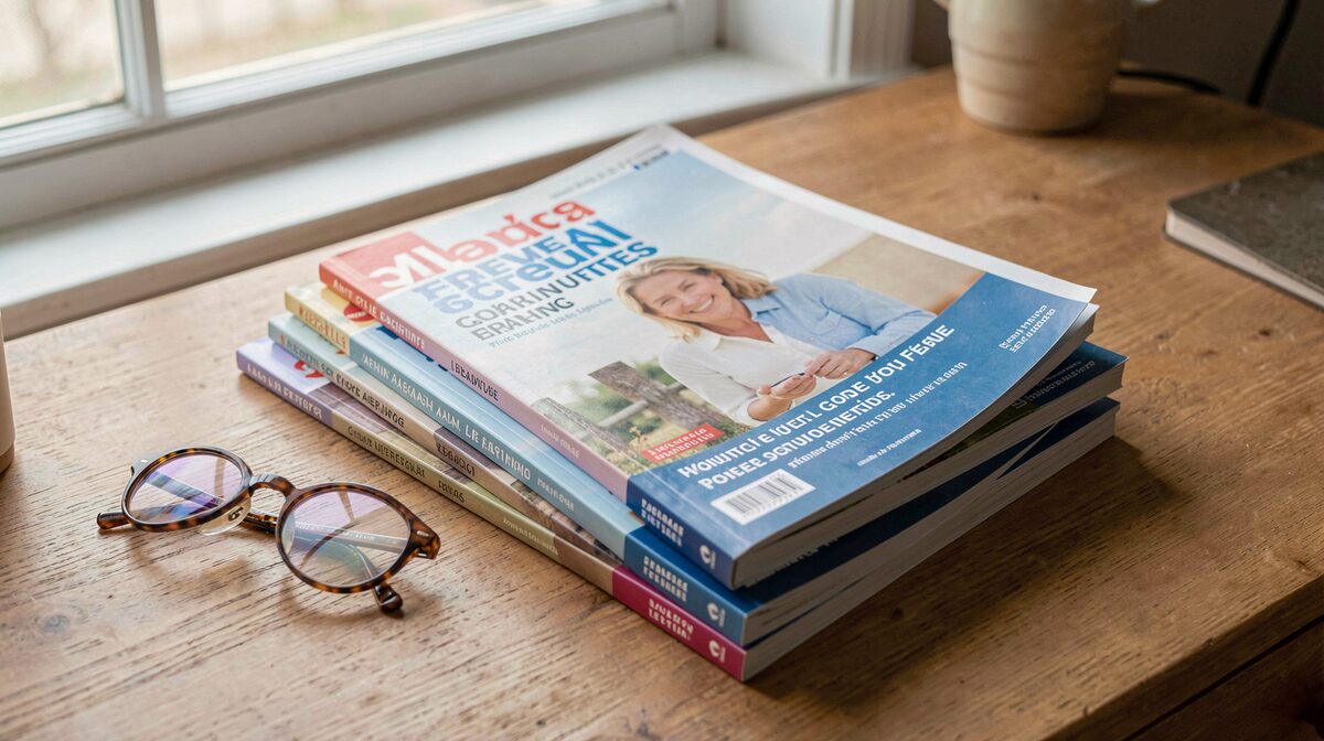 A stack of French language health magazines on a wooden desk beside reading glasses, lit by soft morning light from a window, shot from above at a slight angle.