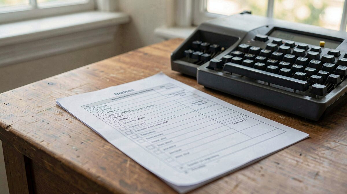 A close view of a printed checklist on a wooden desk beside a stenotype machine, lit by soft window light, shallow depth of field.