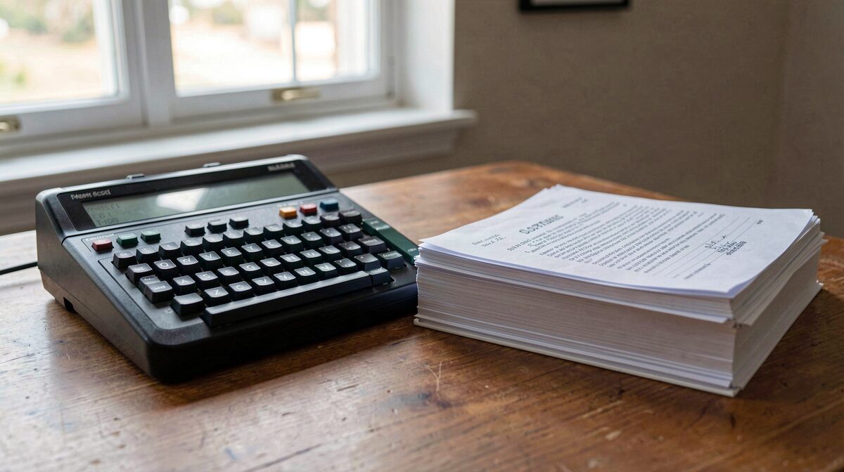 A courthouse stenographer's stenotype machine beside a stack of bound transcripts on a wooden table, lit by soft window light, close framing.