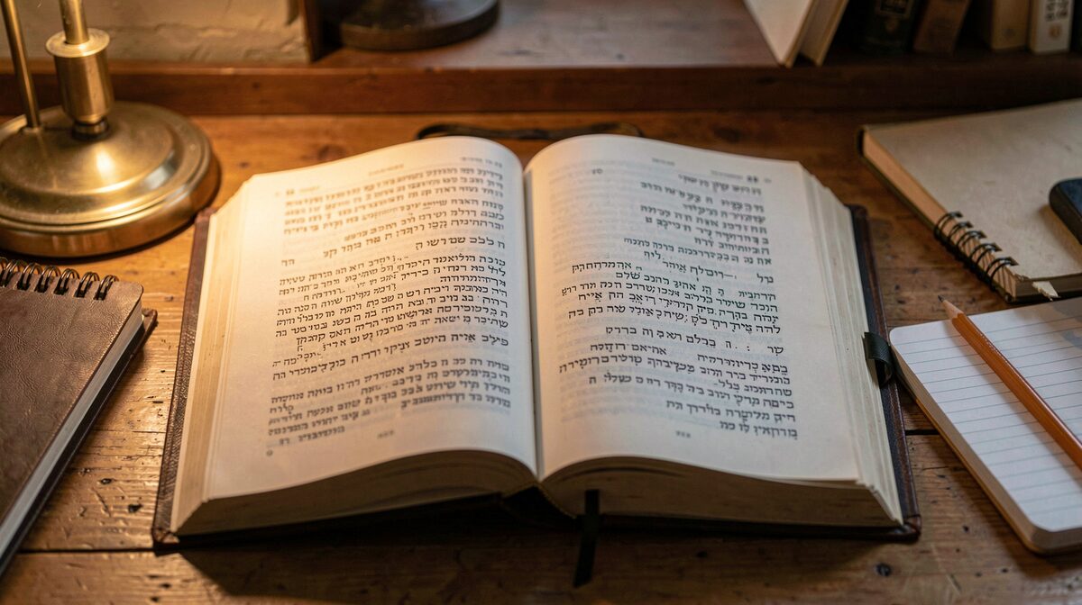 An open printed volume of Hebrew commentary on a wooden desk in warm lamplight, framed close with a notebook and pencil beside it.