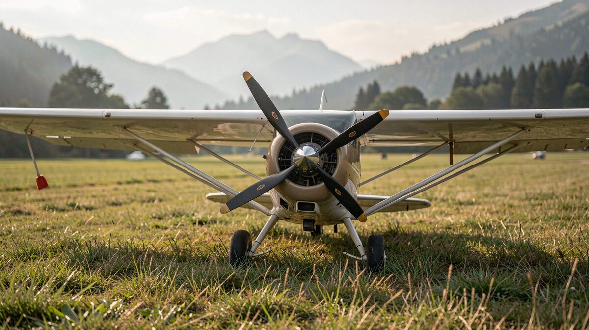 A model airplane on a grass field at the edge of the Swabian Alps, morning light, low angle close-up of the wing and propeller.