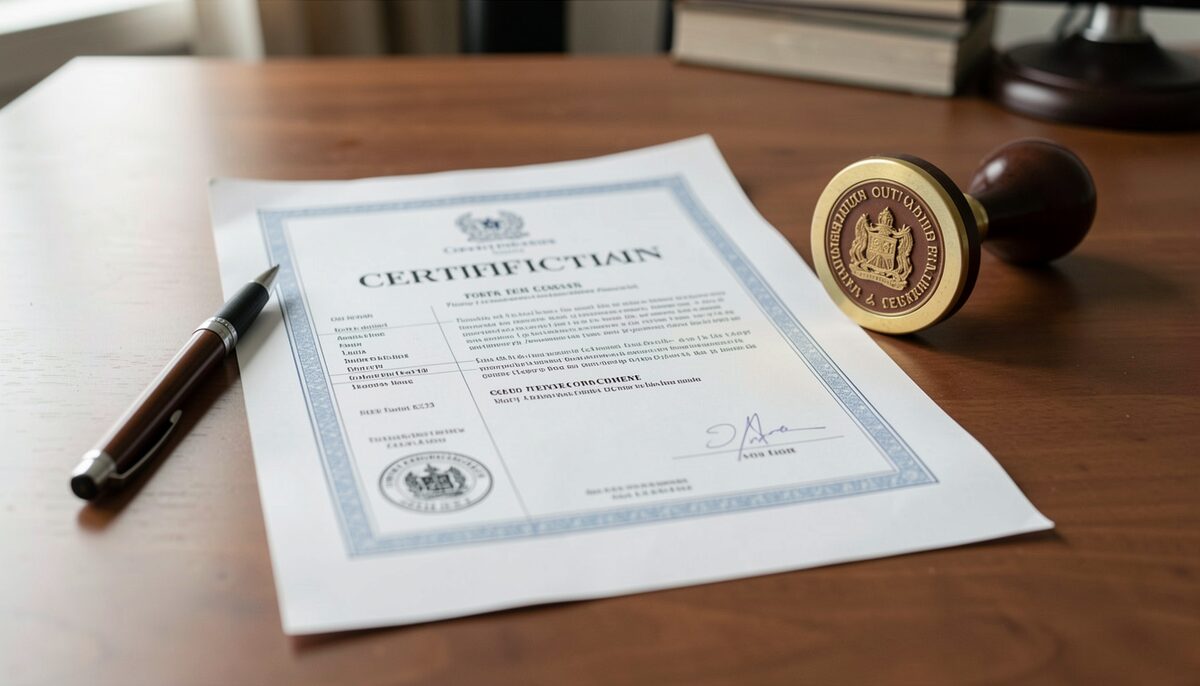 A paper transcript on a table with a certification page visible, next to a pen and a court seal stamp. Illustrative image, generated with AI.